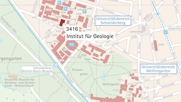 Lageplan des Instituts für Geologie, Gebäude 3416